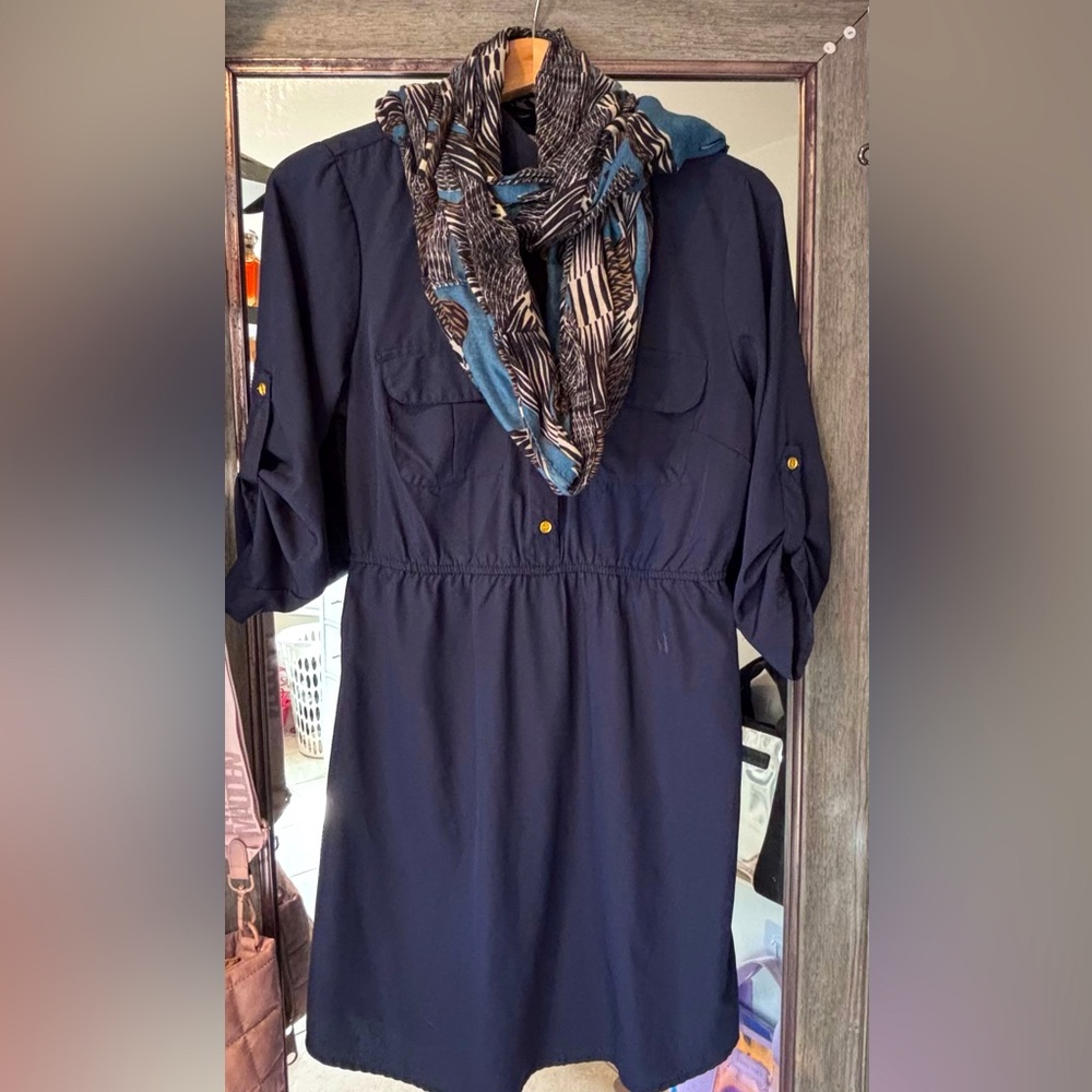 Navy Dress with Patterned Scarf